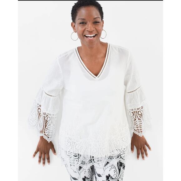 CHICO'S Blouse Embroidered Lace Cutout V-Neck Quarter Sleeve Boho Cottagecore - Picture 1 of 14